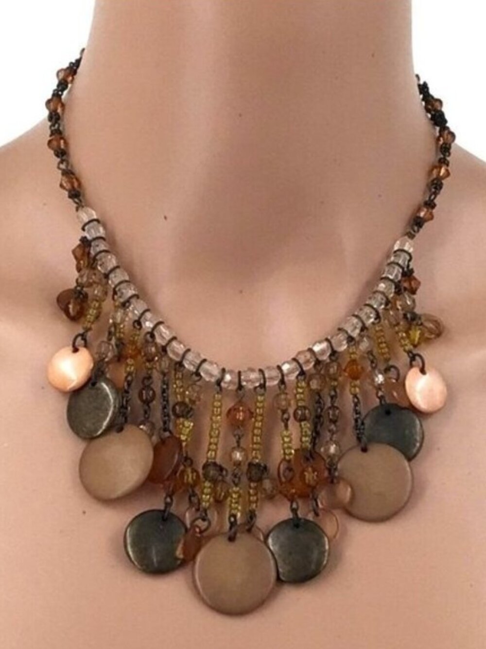 Premier Designs Necklace Beaded Fringe Brown Pink Tones Adjustable Length